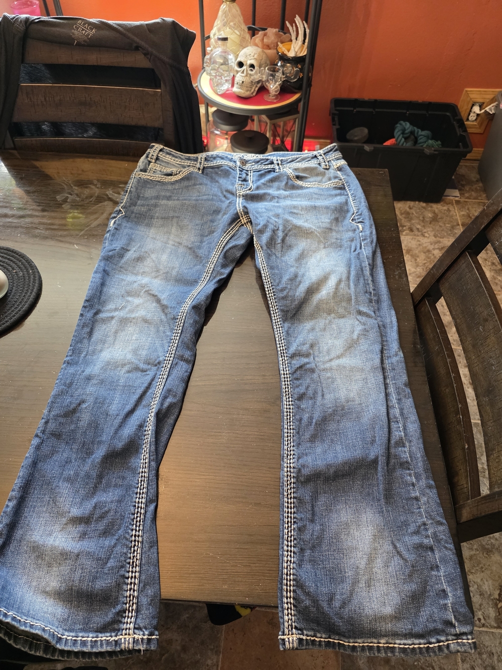 Rock & Roll Cowgirl Riding Blue Denim Boot Cut Jeans with Contrast Stitching
